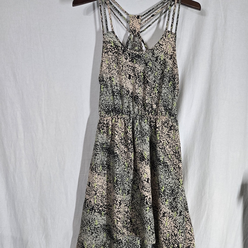 BCBG Maxi Strappy Dress Blk Whte Neon Spreckled Lined Dress High Low Racerback S
